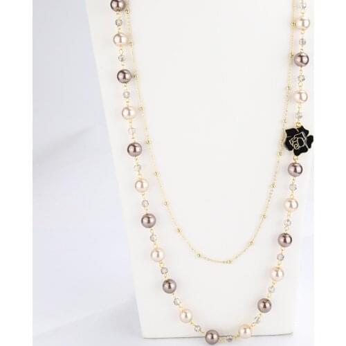 High Quality Women Long Camellia Pendants Layered Pearl Necklace Collares de moda Flower Party Jewelry