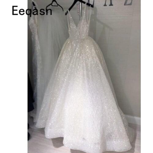 Sparkly Bling 2020 Dubai Wedding Dresses Sexy Back Open Long A-line V-neck Wedding Gown Bridal Dresses Plus Size
