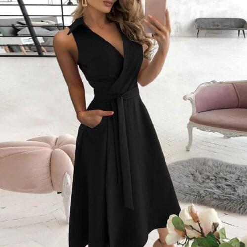 2021 Women Dress Elegant Lapel V Neck Sleeveless Summer Dress Black Green Purple Casual Dresses For Women Vestidos Mujer Robe