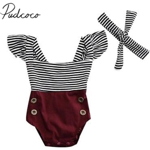 2019 Children Summer Clothing Infant Baby Girls Strip Button Sleeveless Cotton One Piece Romper +Headband Jumpsuit Playsuit Set