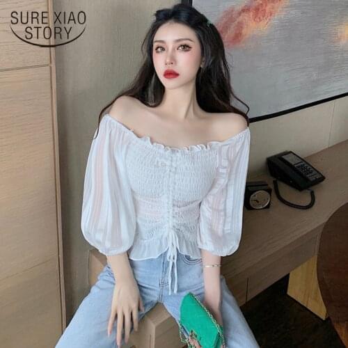 2021Chic Summer Strtched Off Shoulder Women Shirt Solid Lantern Sleeve Tops for Women Sexy Slash Neck Short Blouse Blusas 15076
