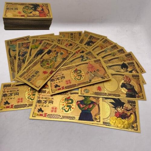 23 Designs Japanese Anime Dragon DBZ-Son-Goku Vegeta-Broli-Buu 10000 Yen Gold plastic Banknotes Set for classic childhood memo
