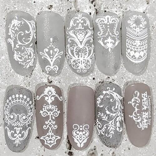1 Pc 3D Embossed Vintage Baroque White Pattern Nail Stickers Manicure Retro Water Slide Acrylic Decals Nail Art Decoration MJ02