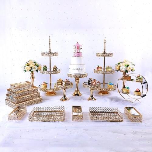 4pcs-7pcs gold plating Cake Stand Set Crystal Metal mirror Cupcake stand decorations Dessert Pedestal Party Display cake tray