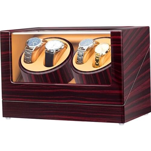 5 Modes Ebony Baking Finish 4 Watch Winder for Automatic Watches with Extremely Quiet Motor Interior Brown PU Leather