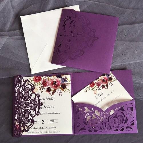 50X Classic Fall Magenta Shades Wedding Invitations With Purple Floral Personalized Printing Cards For Bridal Shower Party