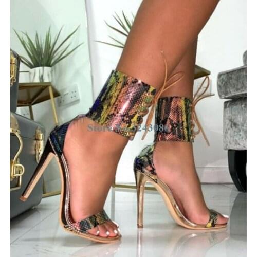 Snakeskin Transparent PVC Ankle Strap Thin High Heel Sandals Single Strap Stiletto Heel Sandals Sexy Summer Ladies Party Shoes