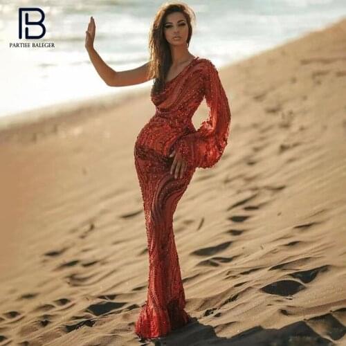PB Chic High Waist Red Sequins Long Dress One Shoulder Sexy Celebrity Party Club Vestido Free Shipping