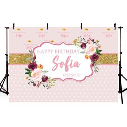 MEHOFOTO Pink Flower Photography Backdrop Custom Gold Glitter Polka Dots Girls Happy Birthday Backgrounds for Photo Studio