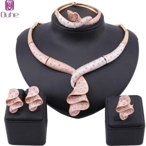 African Beads Jewelry set Women Gold Colorful Crystal Wedding Party Necklace Bangle Earring Ring Italian Jewelry Set