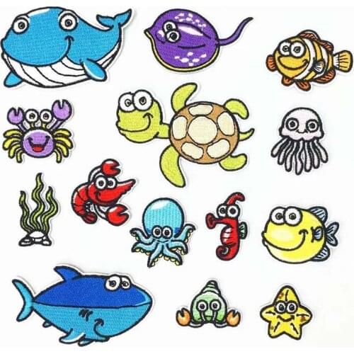 Cartoon Ocean Animal Whale Shark marine organism Turtle Iron On Embroidered Clothes Patches For Clothing Wholesale
