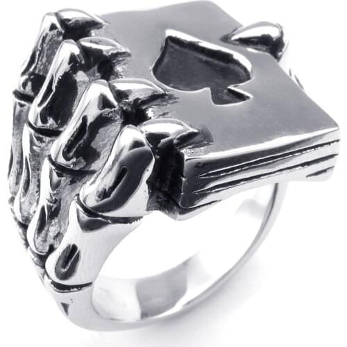 Retro Mens Stainless Steel Ring Hip Hop Skull Claw Ring Playing Card Ring Personality Gothic Punk Rock Biker Jewelry