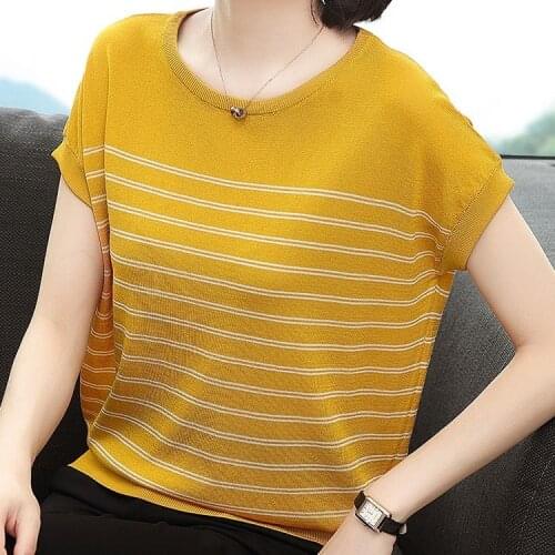 2021 New Womens Tops Knitted Short-sleeved Tee Tops Female Summer O-neck Striped T-shirt Loose Thin Wild Bottoming T Shirt L72
