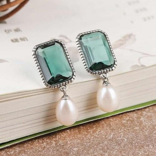 New Arrival S925 Silver Earrings Women Green Crystal Dangle Earrings Pearl Earrings