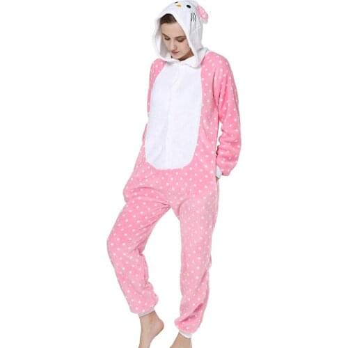 Kigurumi Bow Cat Pajama Adult Animal Onesie Women Men Couple Anime Winter Pajamas Suit Sleepwear Flannel Pijamas