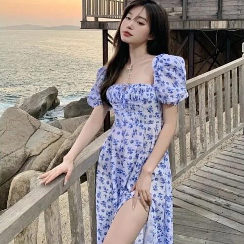 Summer Elegant Midi Dress Women Puff Sleeve Square Collar Boho Beach Floral Dress Female Party One Piece Dress clothes vintage