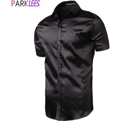 Stylish Black Satin Shirt Men 2020 Summer Short Sleeve Silk Like Mens Dress Shirts Casual Party Wedding Event Prom Chemise Homme