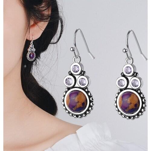 Natural Moonstone Purple Stone Earrings Vintage Dangle Earrings Wedding Earrings Fashion silver plated Earrings Jewelry Gifts