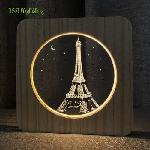 French Eiffel Tower Pattern LED Night Lights USB Plug Wooden Bedside Desk Lighting Bedroom Night lamp Home Light Fixtures