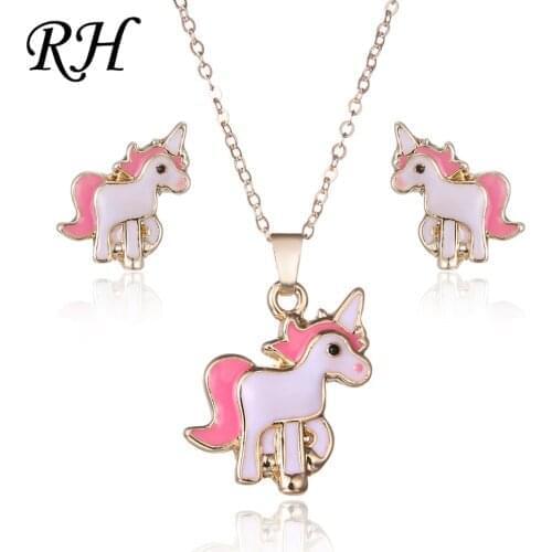 Pink Horse Jewelry Sets For Women Girl Animal Earrings Decoration Necklaces Wedding Accessories