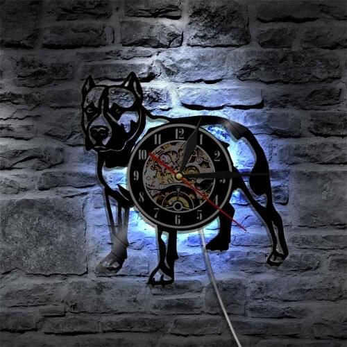 Pitbull Dog Wall Art Clock Silent Vinyl Record Wall Clock with LED Night Light Dog Breed Gifts American Bully Mom Retro Clocks
