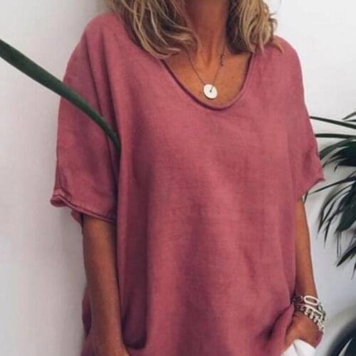 Women Simple Solid Color Tops Summer O Neck Short Sleeve Casual Loose Tee Shirts Long Cotton White Female T-shirt