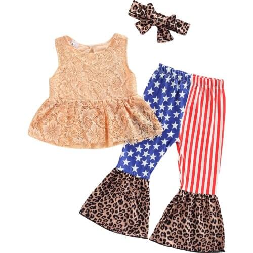Girls Independence Day Clothes Set Lace Floral Embroidery Sleeveless Tops+Leopard Star Stripe Print Flared Trousers+Headband
