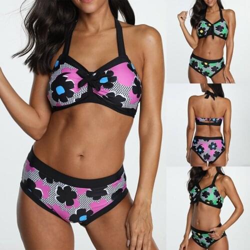 Womens Fashion Sexy Floral Split Bikini 2 Piece Halter Swimsuit