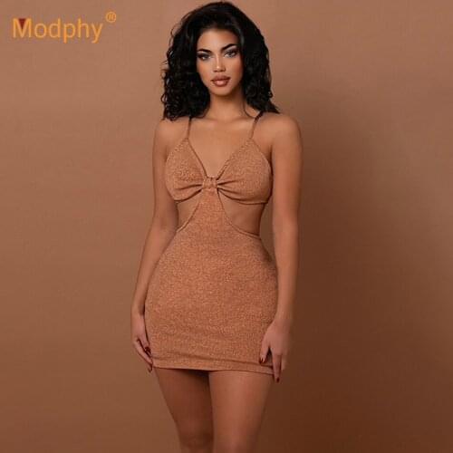Free Shipping Women Apricot Bandage Dress Sexy Sleeveless Hollow Bodycon Mini Dress Club Evening Party Vestidos 2021 Summer New