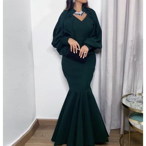 Womens Solid Pleated Long Party Mermaid Dress Elegant Long Lantern Sleeve V Neck Vestidos Autumn Body-shaping Bandage Vestidos