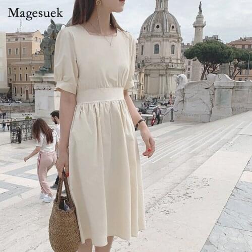 French Style 2021 Summer Fashion Women Elegant Square Collar High Waist Short Sleeve Solid Cotton and Linen Dress Vestidos 9675