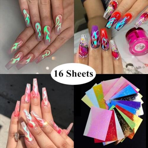 16pcs Holographic Fire Flame Nail Stickers 3D Glitter Laser Flames Nail Art Foil Transfer Sticker Decal Decorations Set