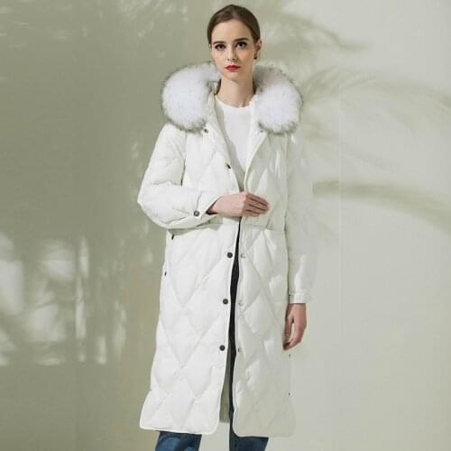 2020 New Female Down Jacket Woman Hooded Winter Racoon Dog Fur Collar Long Loose Womens Jackets Campera Mujer KJ438