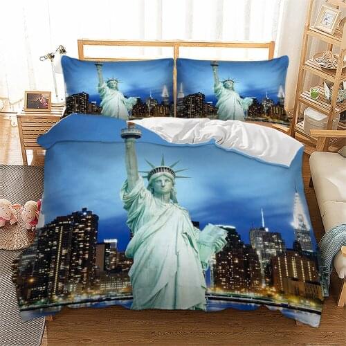 3D city landmark printed bedding sets blue background Statue of Liberty of New York printing modern bedding sets