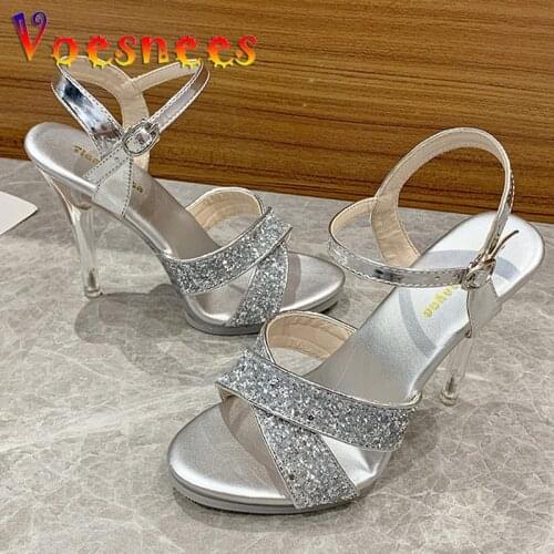 Sparkle Rhinestone Summer Sandals Peep Toe Walk Show Women Shoes Buckle Strap High Heels Transparent Crystal Bride Wedding Shoes