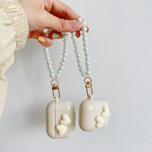 Earphone Case For Airpods Fashion Love Heart Earphone Cover For AirPods 2 3 AirPods Pro Soft TPU Protect Shell with Pearl Chain