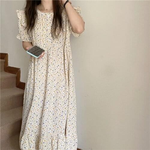 Floral print long nightgowns women homewear dresses short sleeve summer sleepwear nightdress korea home clothes sleepdress Y601