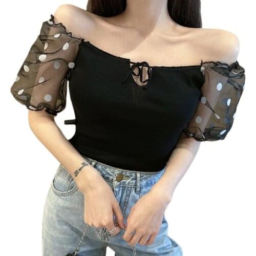 Women Short Puff Sleeve Lace-Up T-Shirt Polka Dot Mesh Patchwork Slim Tops Ribbed Knit Sexy Off Shoulder Blouse