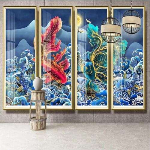 Chinese Colorful Guppies Carps Cranes Auspicious Cloud Textured Mural Wallpapers for Living Room Walls 3D Restaurant Wall Paper