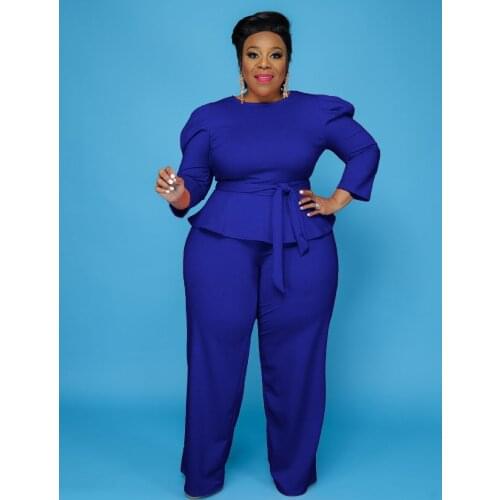 ChocoMisty-LadyPlus Plus-size Sets Pop-sleeve Solid Color Lace-up Pants Set