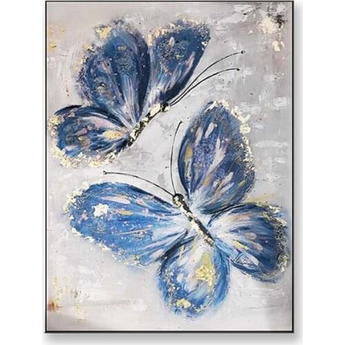 Beautiful wall posters Blue and pink butterfly gold foil picture Handmade acrylic oil painting on cavnas for living room bedroom