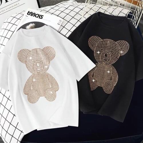 Fashion Summer Top T-shirt Womens T-shirt Summer Loose Heavy Industry Hot Drilling Bear Half-sleeved T-shirt Women M-xxl