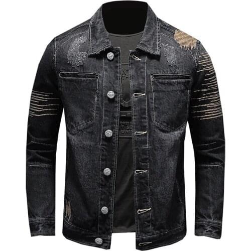 2021 Cotton Denim Jacket Men Casual Embroidery Black Color Lapel Single Breasted Jeans Jacket Men Autumn Slim Fit Quality Mens