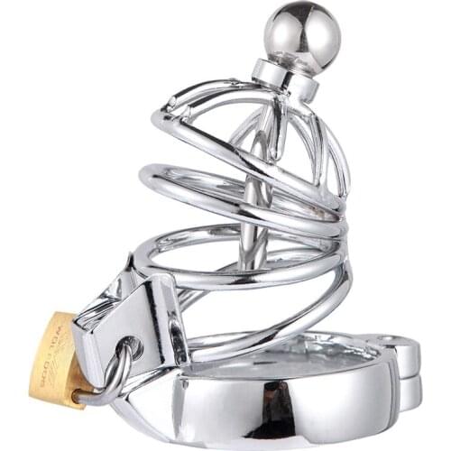 Male Bondage Chastity Cage with Urethral Plug Stainless Steel Metal Cage Cock Lock Penis Ring Sex Products