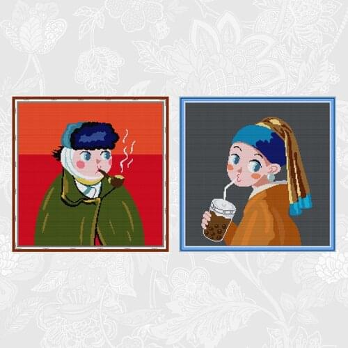Woman Drinking Milk Tea Cross Stitch Printed Aida Canvas 11CT 14CT Man Holding A Pipe DIY Handwork Beginner Embroidery Sets