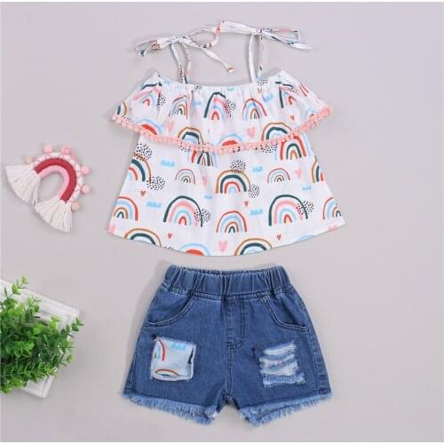 Girls Clothes Print Tie-up Tops Tassels Ripped Short Jeans Kid Toddler Girls Clothing