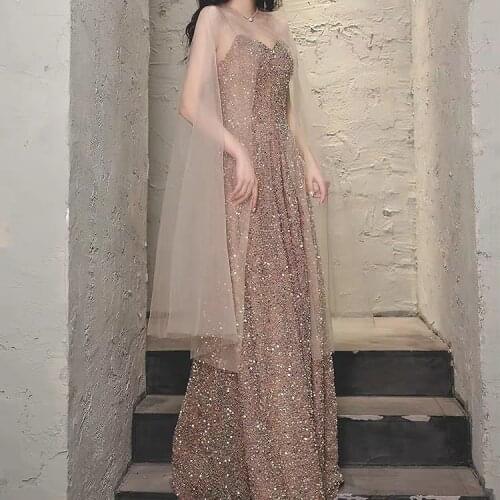 Champagne Pink Prom Dresses Spaghetti Strap With Cloak Floor-Length A-Line Party Formal Wedding Ceremony Evening Gown With Shawl