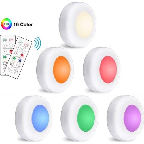 16color RGB Cabinet Light Dimmable Wireless Remote Control LED Puck Lights Battery Powered for Kitchen Hallway Closet Night Lamp