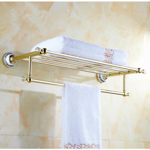 Solid Copper Luxury Crystal Gold Design Towel Rack, Modern Bathroom Accessories Towel Bars Shelf ,Ceramic Base Towel Holder