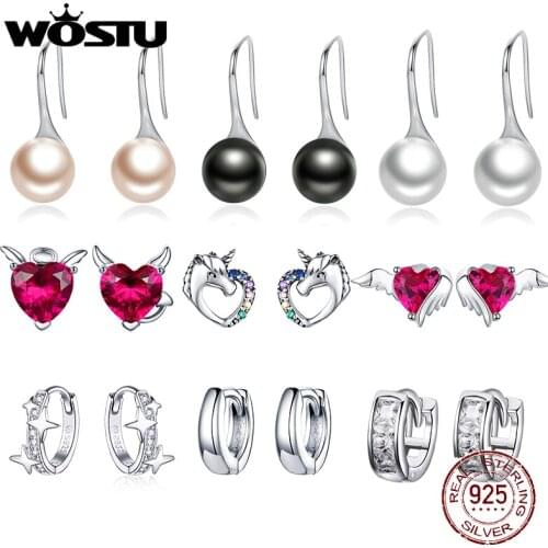 WOSTU Unicorn Stud Earrings For Women Hot Fashion 100% Real 925 Sterling Silver Heart Shape Stud Earring Simple Jewelry DXE611